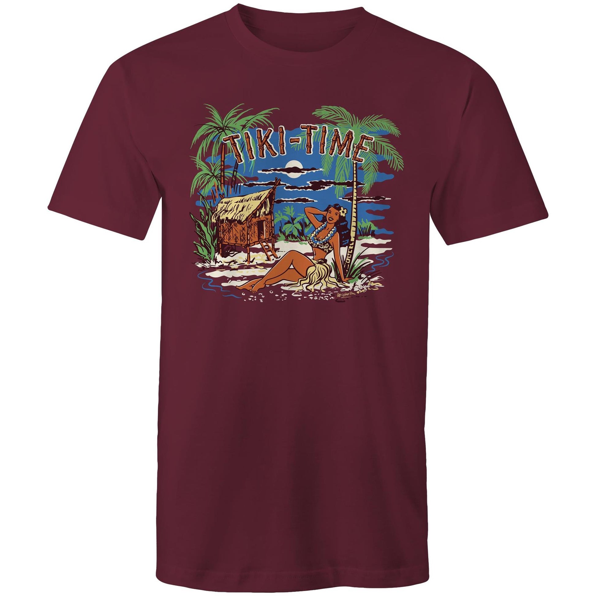 Unisex mens maroon t-shirt featuring a vintage style illustration of a tiki hut and a hula girl on a tropical island. Bamboo text says "Tiki-Time"