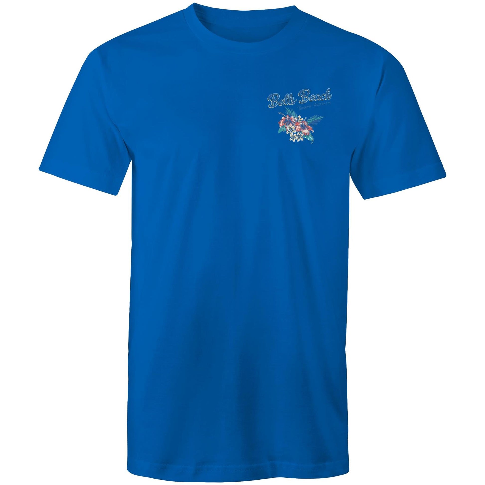 Mens royal blue t-shirt with vintage-style graphic of Bells Beach Torquay Victoria. Pinup girl surfing.