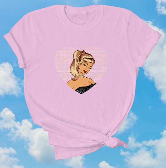 Ladies pink cotton AS COlour printed t-shirt with a pink vintage Barbie illustration in a love heart