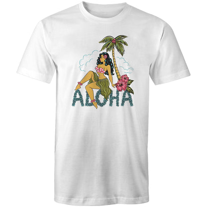 Mens white tee shirt with vintage style graphic on the front featuring a hula girl sitting under a plam tree. She is sitting on some lettering made of flowers that says "ALOHA"