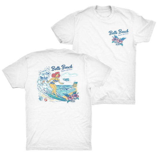 Mens white t-shirt with vintage-style graphic of Bells Beach Torquay Victoria. Pinup girl surfing.