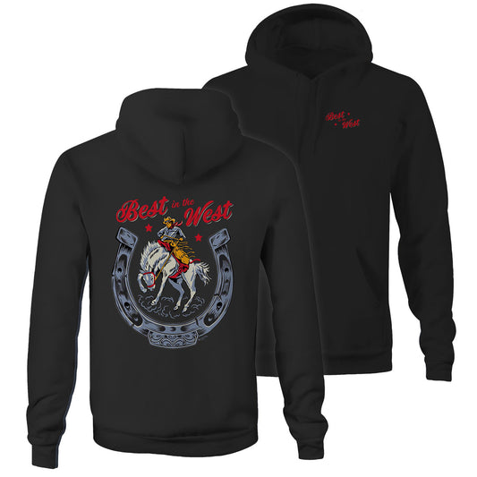 Blck hoodie sweatshirt with front kangaroo pocket. Back print features a rodeo cowboy riding a horse with a giant horseshoe. Text reads Best in the West