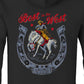 Detail picture. Black hoodie sweatshirt with front kangaroo pocket. Back print features a rodeo cowboy riding a horse with a giant horseshoe. Text reads Best in the West