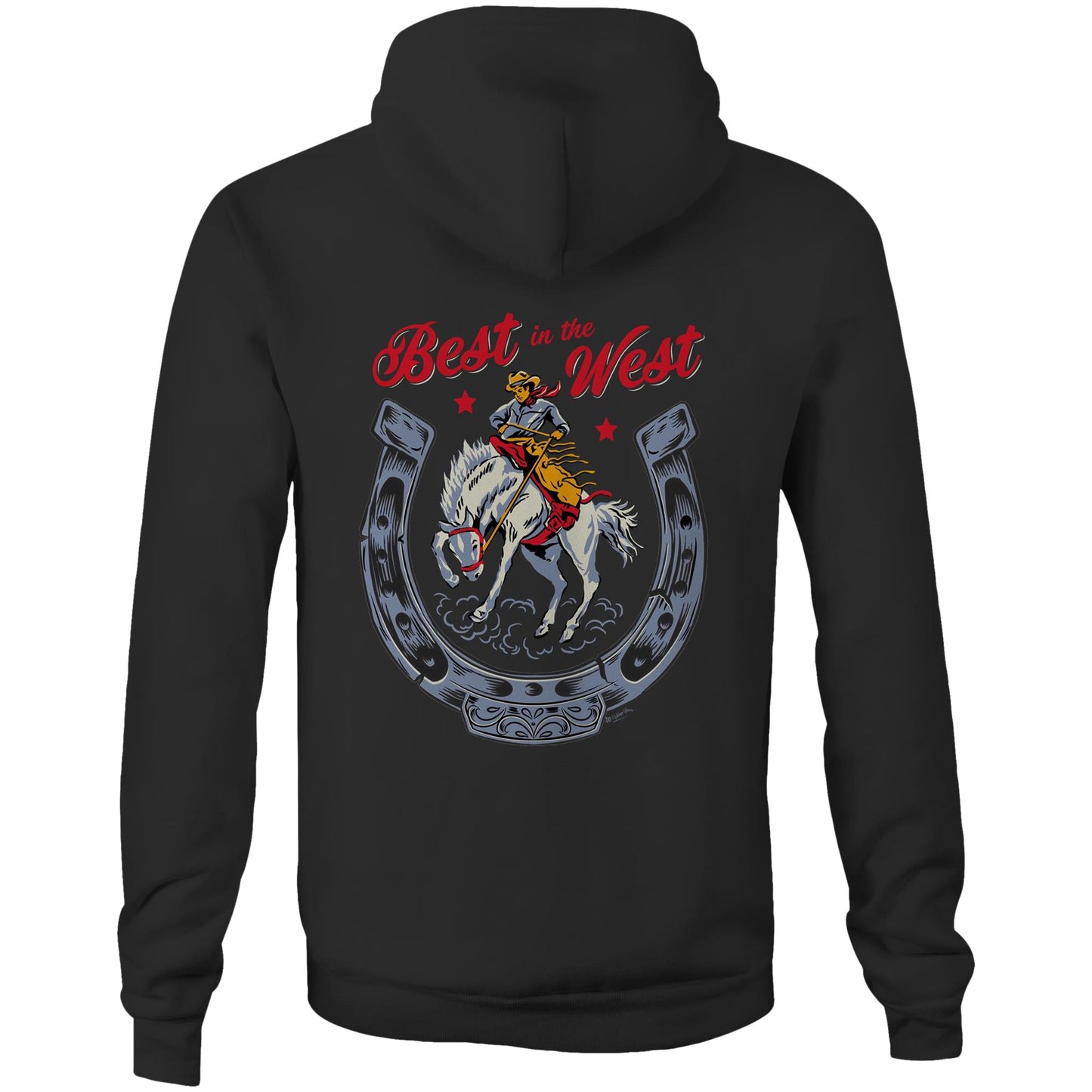 Black hoodie sweatshirt with front kangaroo pocket. Back print features a rodeo cowboy riding a horse with a giant horseshoe. Text reads Best in the West