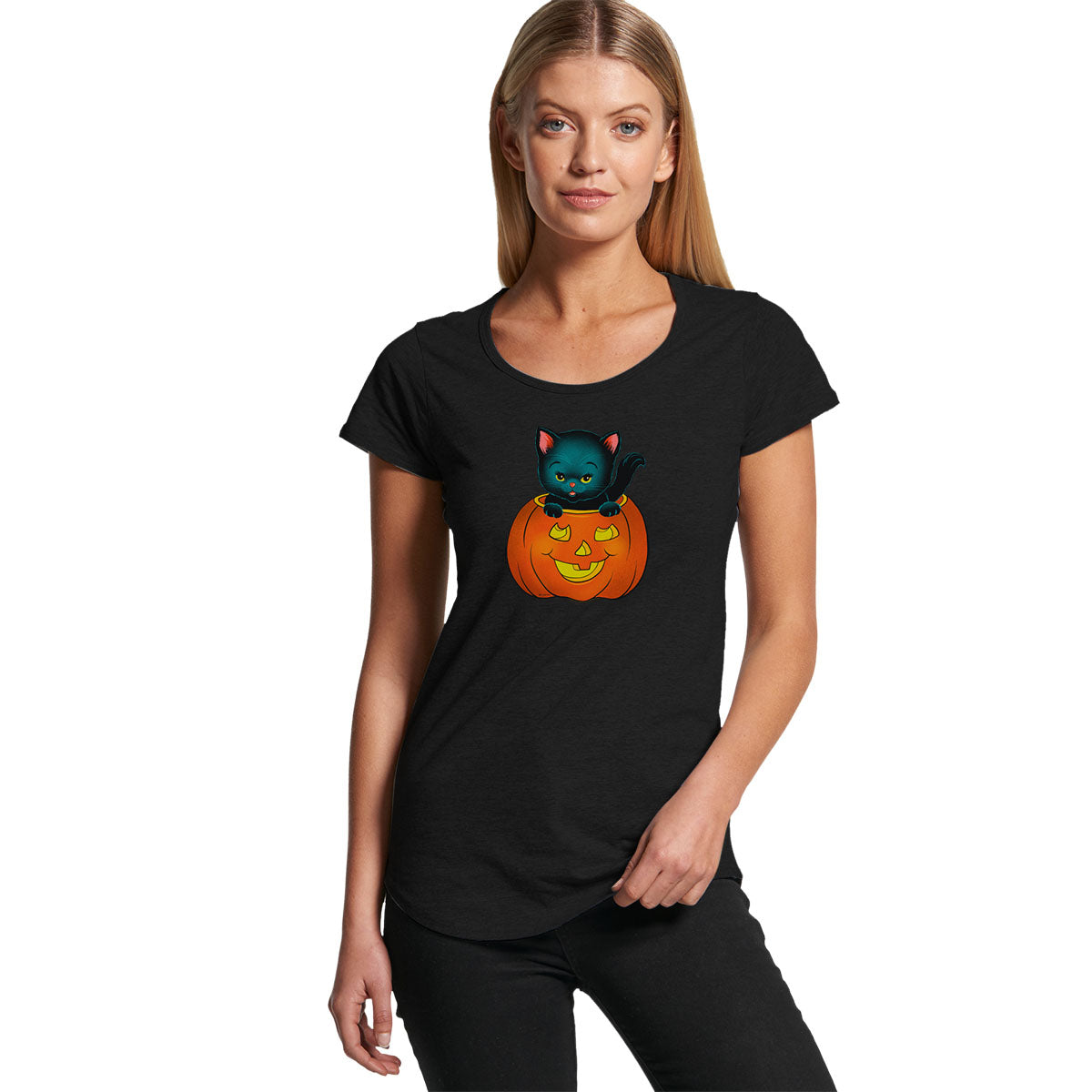 Pumpkin Kitty - Ladies Scoop Neck T-Shirt