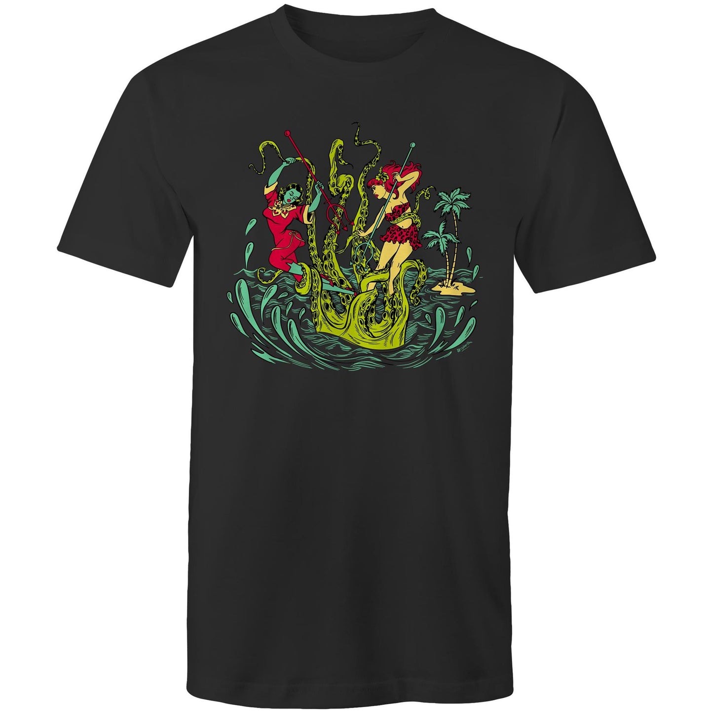 Unisex black tee shirt with a graphic of two women battling a giant Kracken
