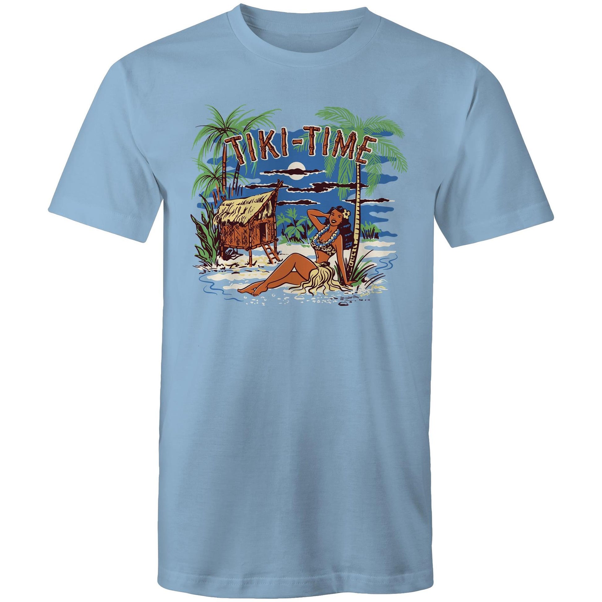 Unisex mens blue t-shirt featuring a vintage style illustration of a tiki hut and a hula girl on a tropical island. Bamboo text says "Tiki-Time"