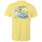 Mens Lemon yellow AS Colour  t-shirt with vintage-style graphic of Bells Beach Torquay Victoria. Pinup girl surfing.