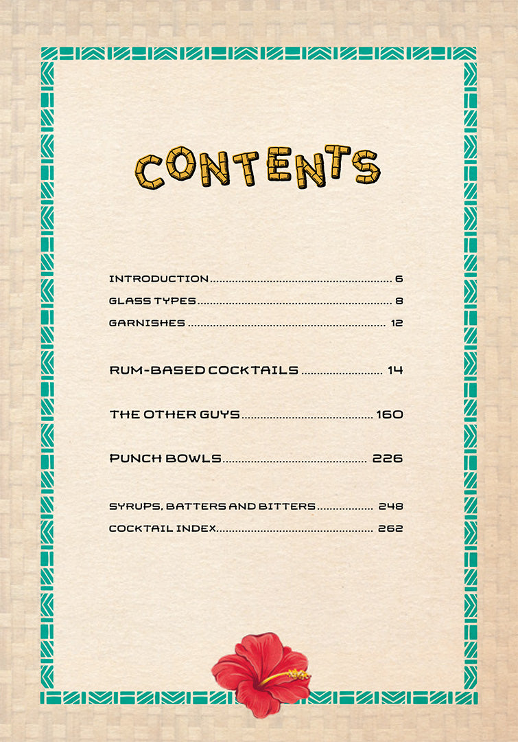 Contents page from the Tiki Cocktails book by Shelly Slipsmith and 50s Vintage DAme