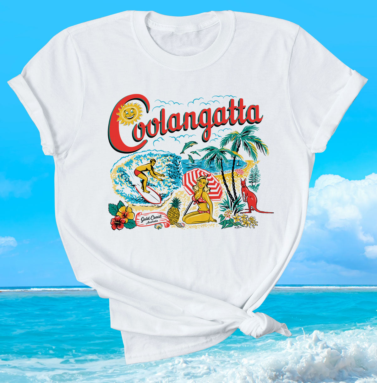 Unisex tee shirt with a vintgae Coolangatta souvenir design of surfer and girl on beach with a kangaroo