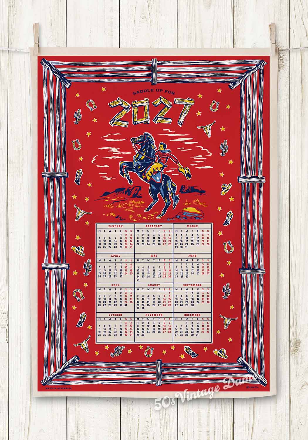 2027 Cowboy calendar teatowel