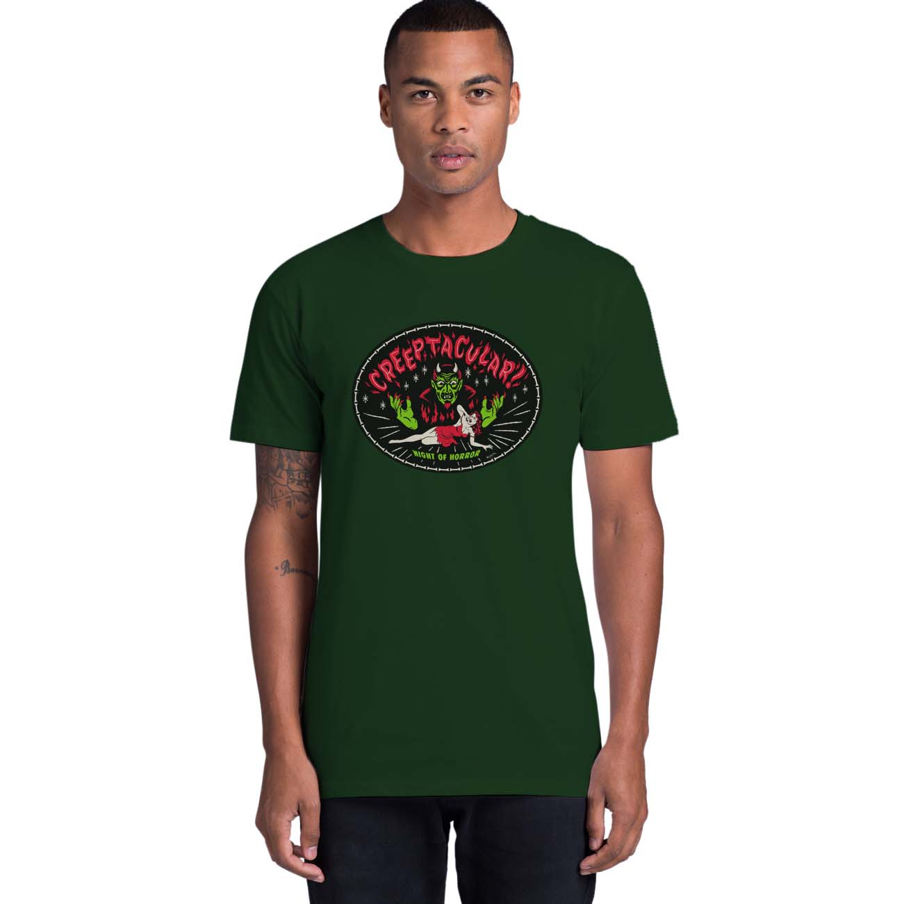 Creeptacular Unisex forest green Halloween tee shirt with a creepy devil and a lady screaming. Designed in the style of a B-Movie poster from the 1950s.