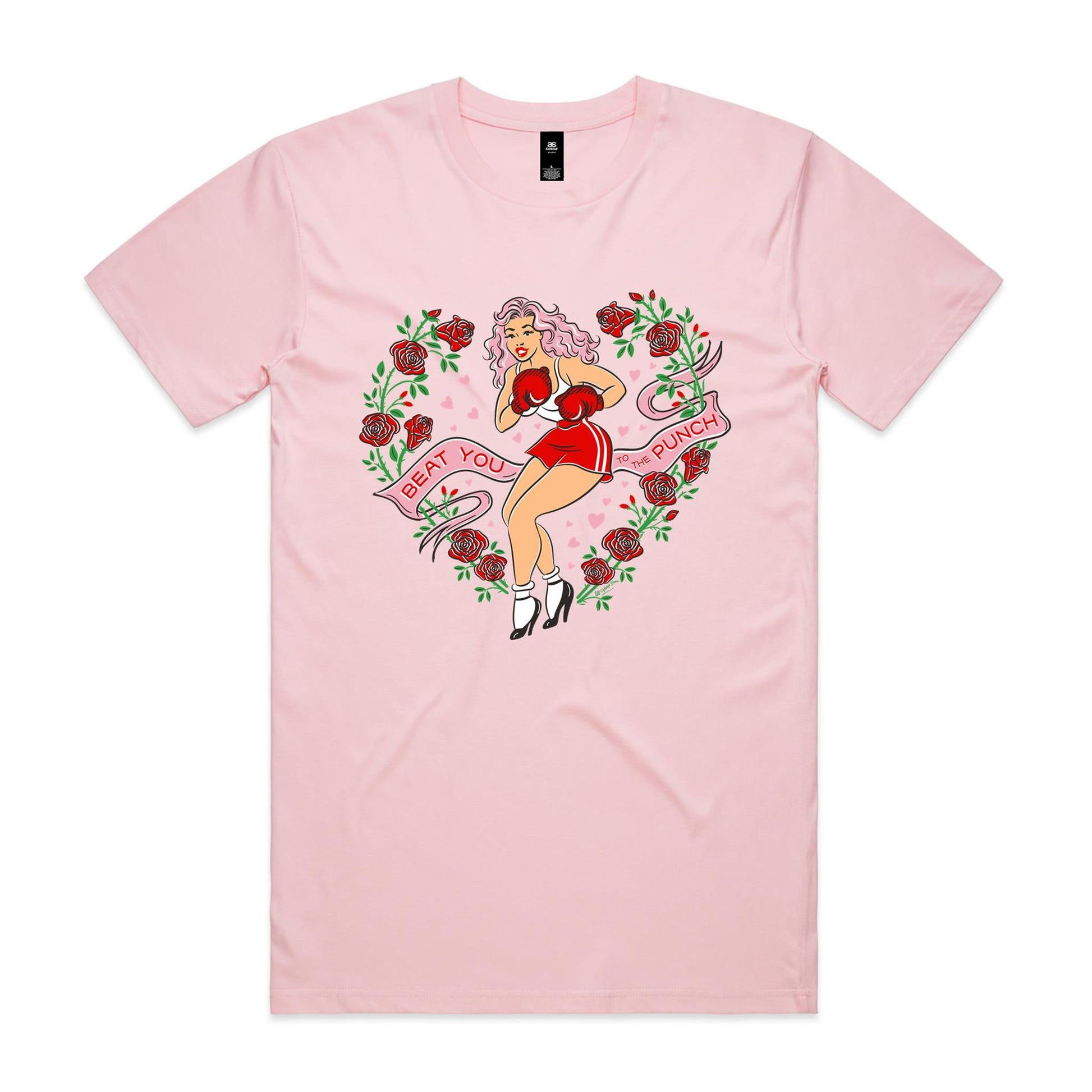 Pink unisex t-shirt features a print of a vintage pinup lady wearing boxing gloves surrounded by red roses. A banner says Beat you to the punch"