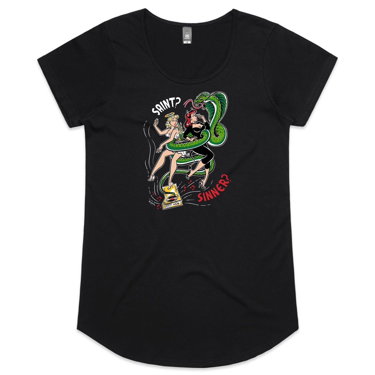 SInner not a Saint ladies scoop neck  t-shirt in black