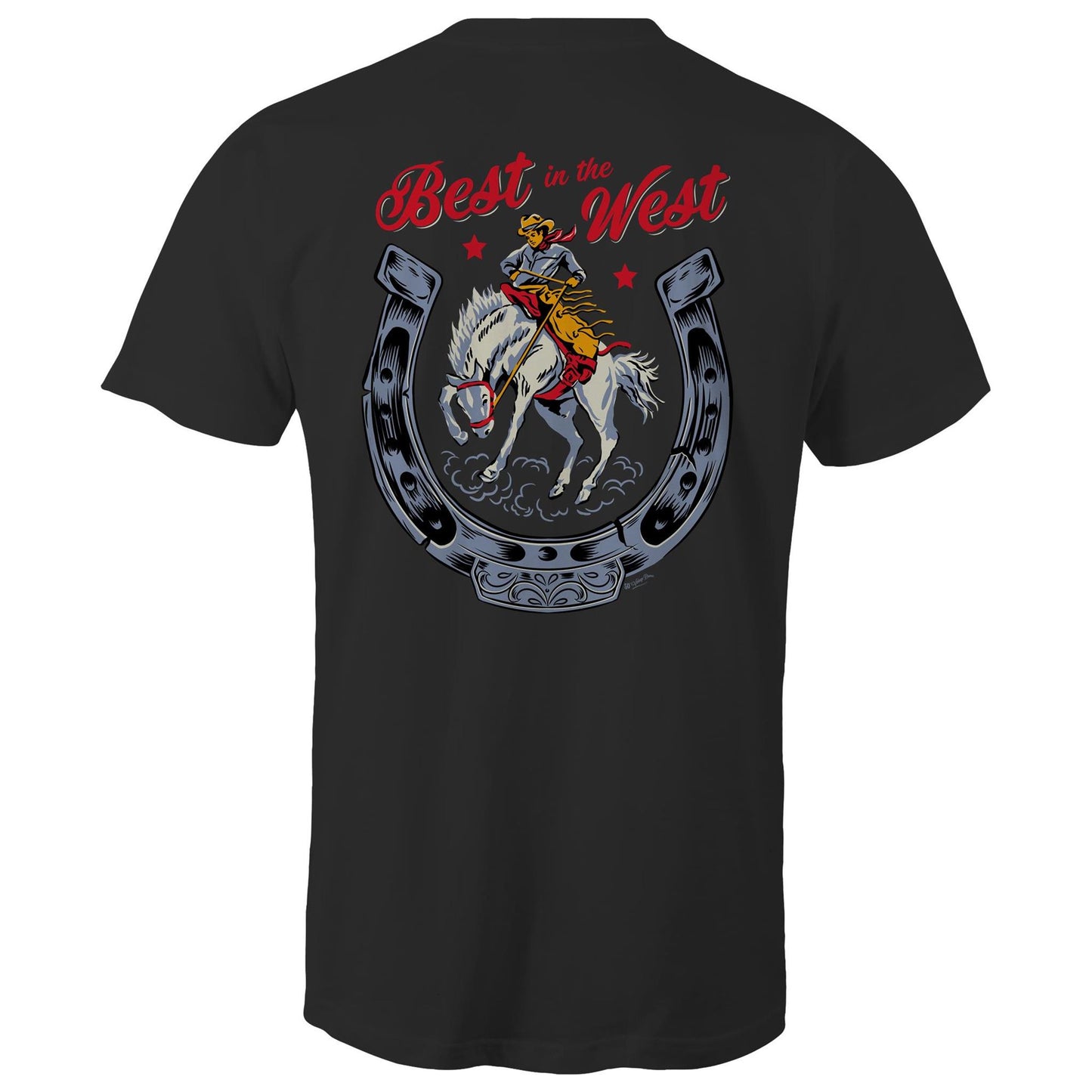 Mens Black t-shirt - the back has a large vintage style cowboy graphic of a rodeo cowboy with a large horseshoe surrounding. The text at the top says Best in the West.