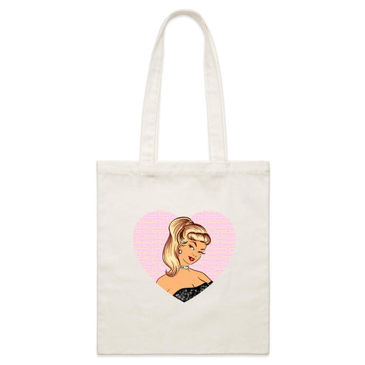 Shopping tote bag with a vintage image of Barbie in a love heart