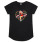 Blackladies scoop-neck t-shirt features a print of a vintage pinup lady wearing boxing gloves surrounded by red roses. A banner says Beat you to the punch"