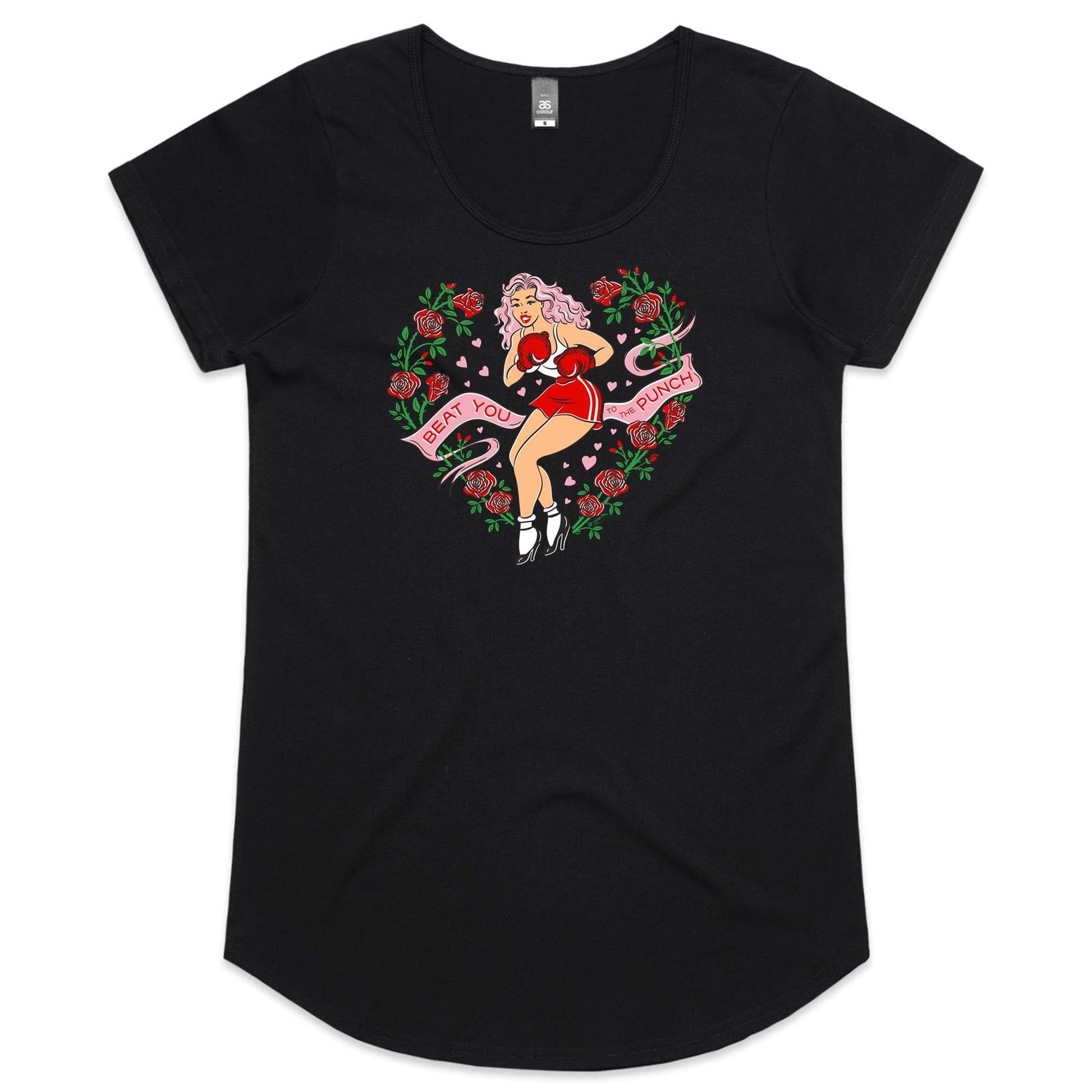 Blackladies scoop-neck t-shirt features a print of a vintage pinup lady wearing boxing gloves surrounded by red roses. A banner says Beat you to the punch"