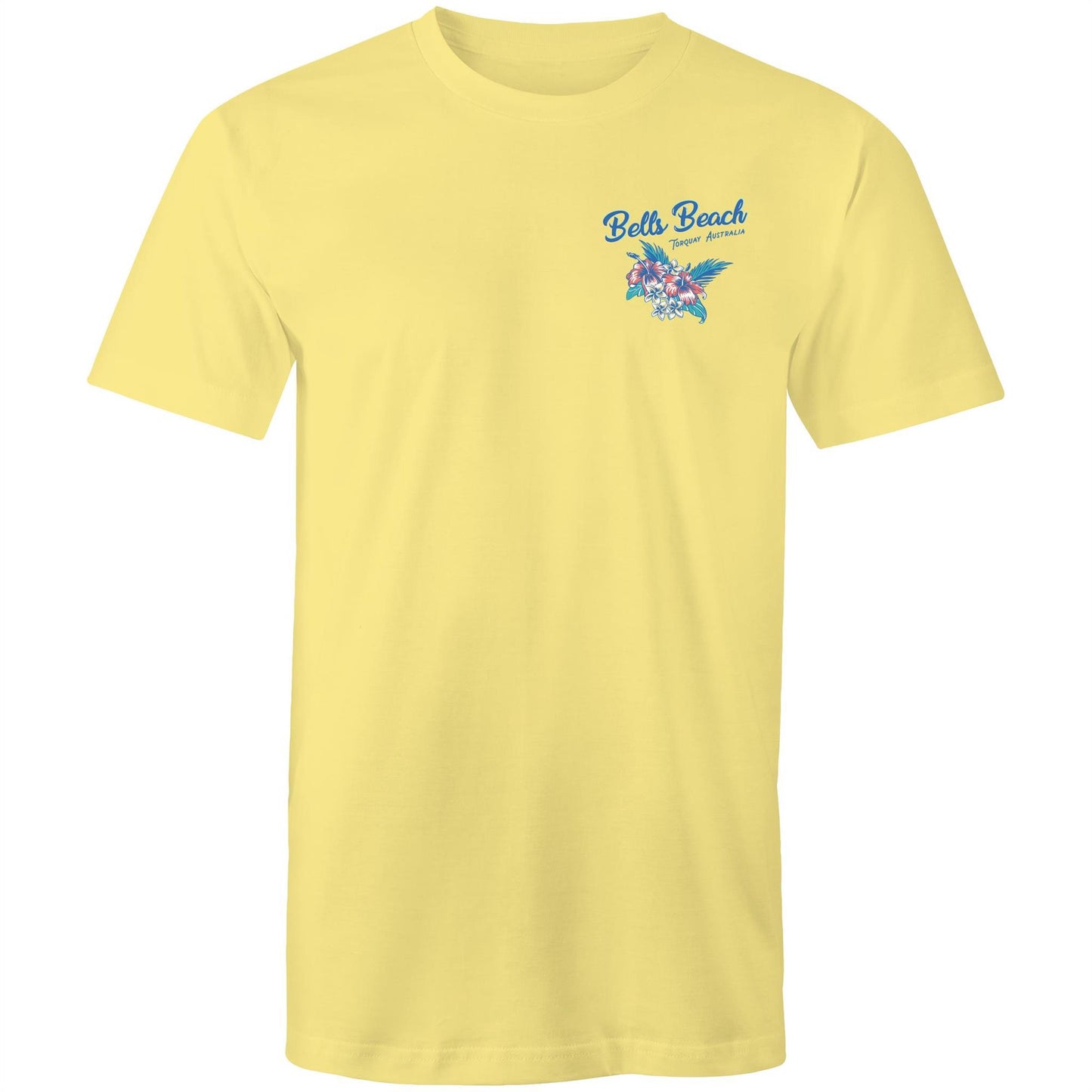 Mens yellow t-shirt with vintage-style graphic of Bells Beach Torquay Victoria. Pinup girl surfing.