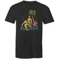 Mens black tee shirt with vintage style graphic on the front featuring a hula girl sitting under a plam tree. She is sitting on some lettering made of flowers that says "ALOHA"