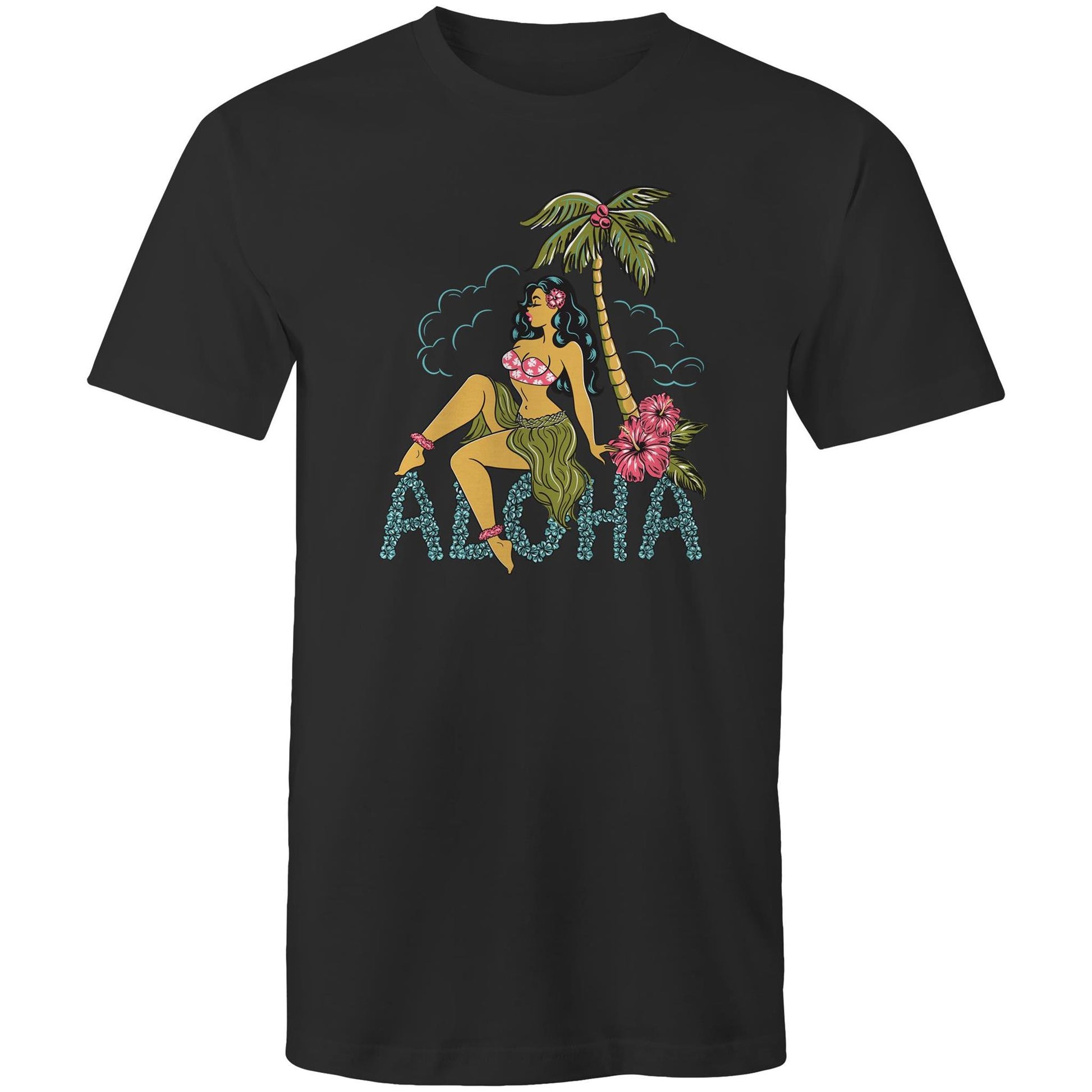 Mens black tee shirt with vintage style graphic on the front featuring a hula girl sitting under a plam tree. She is sitting on some lettering made of flowers that says "ALOHA"