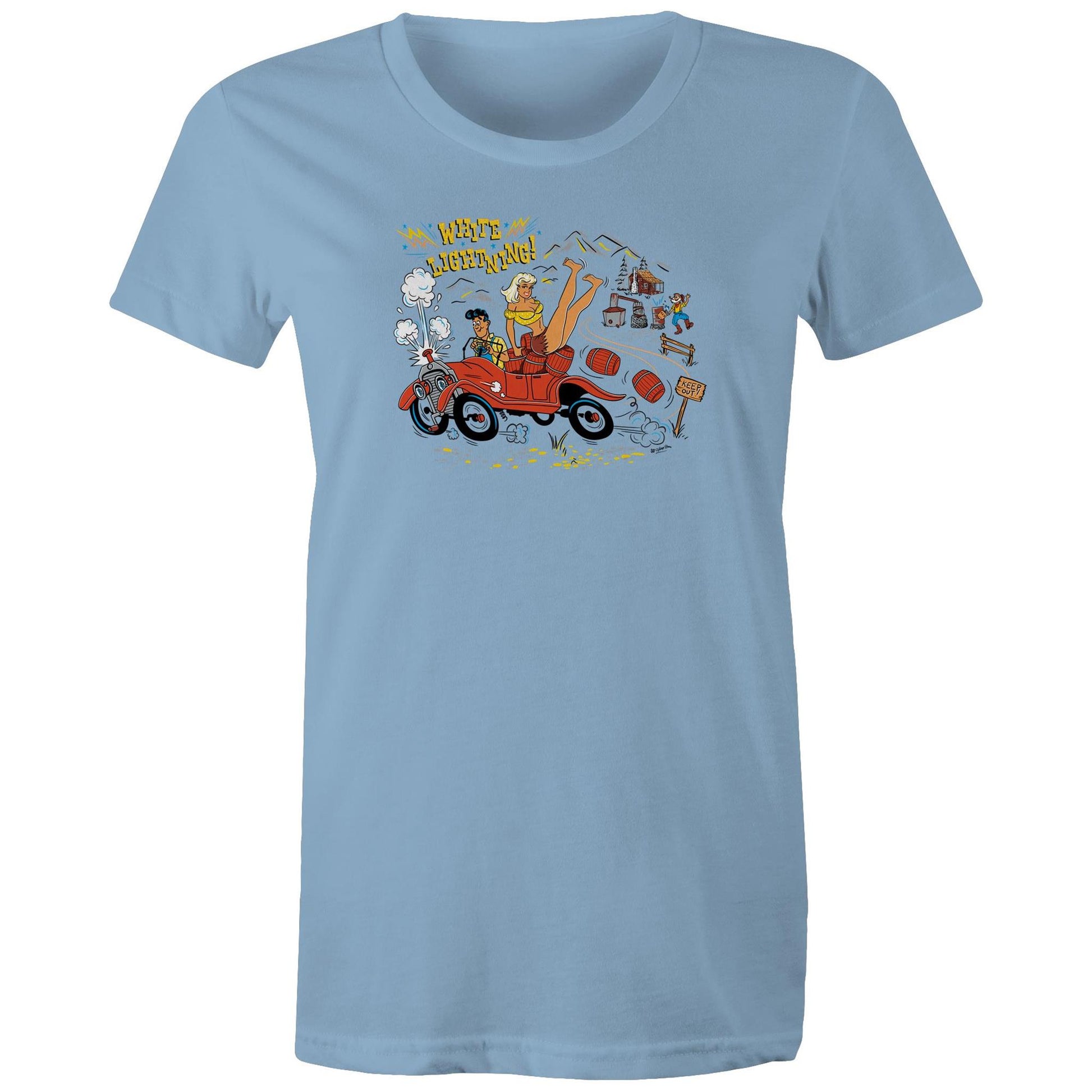 Carolina blue t-shirt with an ilustration of a hillbilly driving a moonshine-laden jalopy trying to outrun the law. A pretty hilly girl sits on the back and pappy is in the background with his still. The text says "White Lightning"