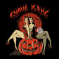 Detail of graphic on Ladies V-neck black Halloween T-shirt featuring two pinup witches sitting on a giant pumpkin. Text say "Ghoul Gang"