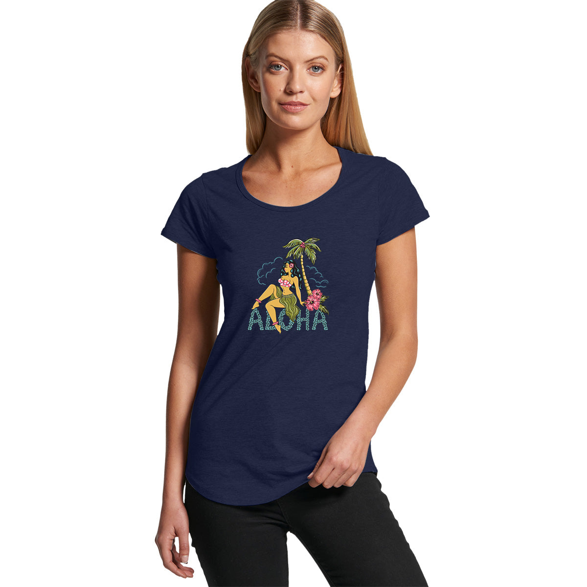 Honululu Honey pinup t-shirt in navy