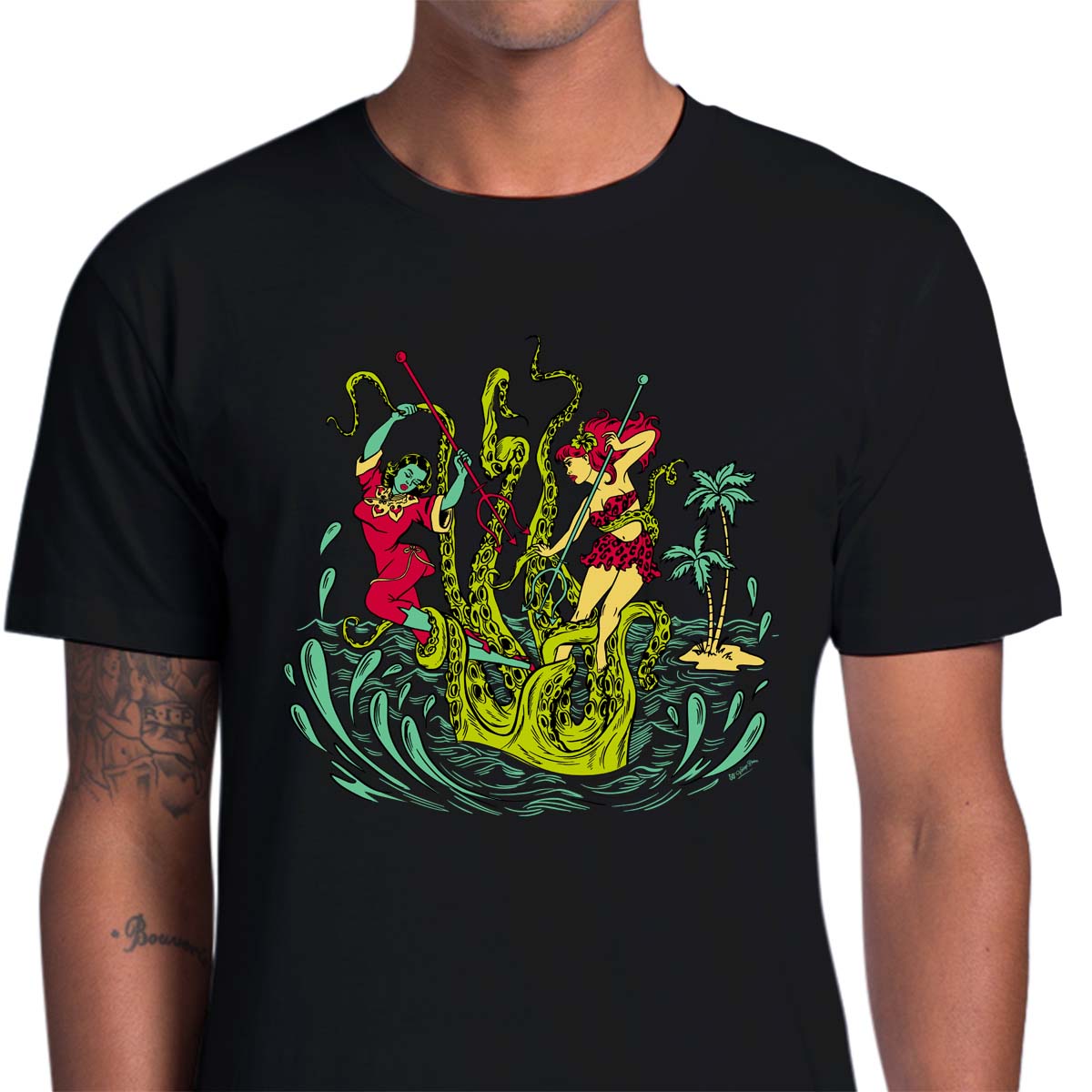 Unisex black tee shirt with a graphic of two women battling a giant Kracken