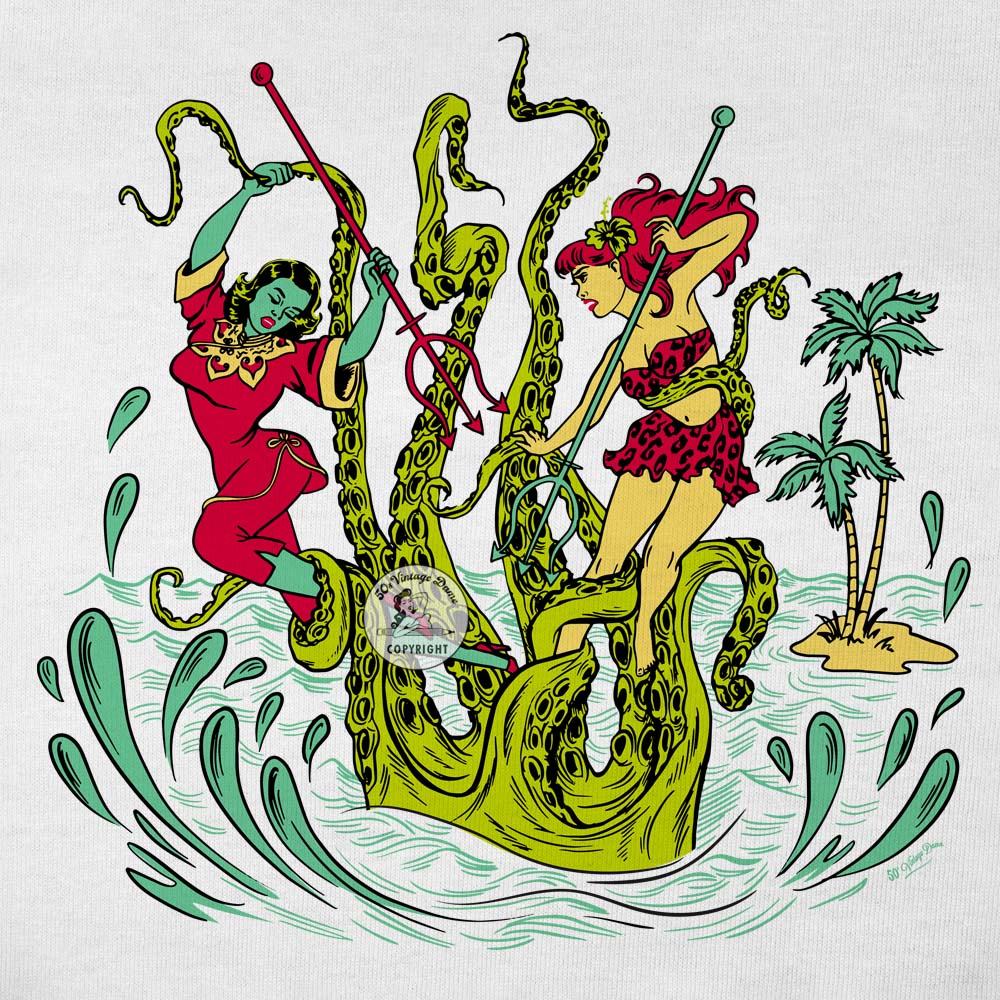 Detail of the front graphic that appears on this unisex tee shirt. Two women and battling a ginat Kraken emerging from the sea.