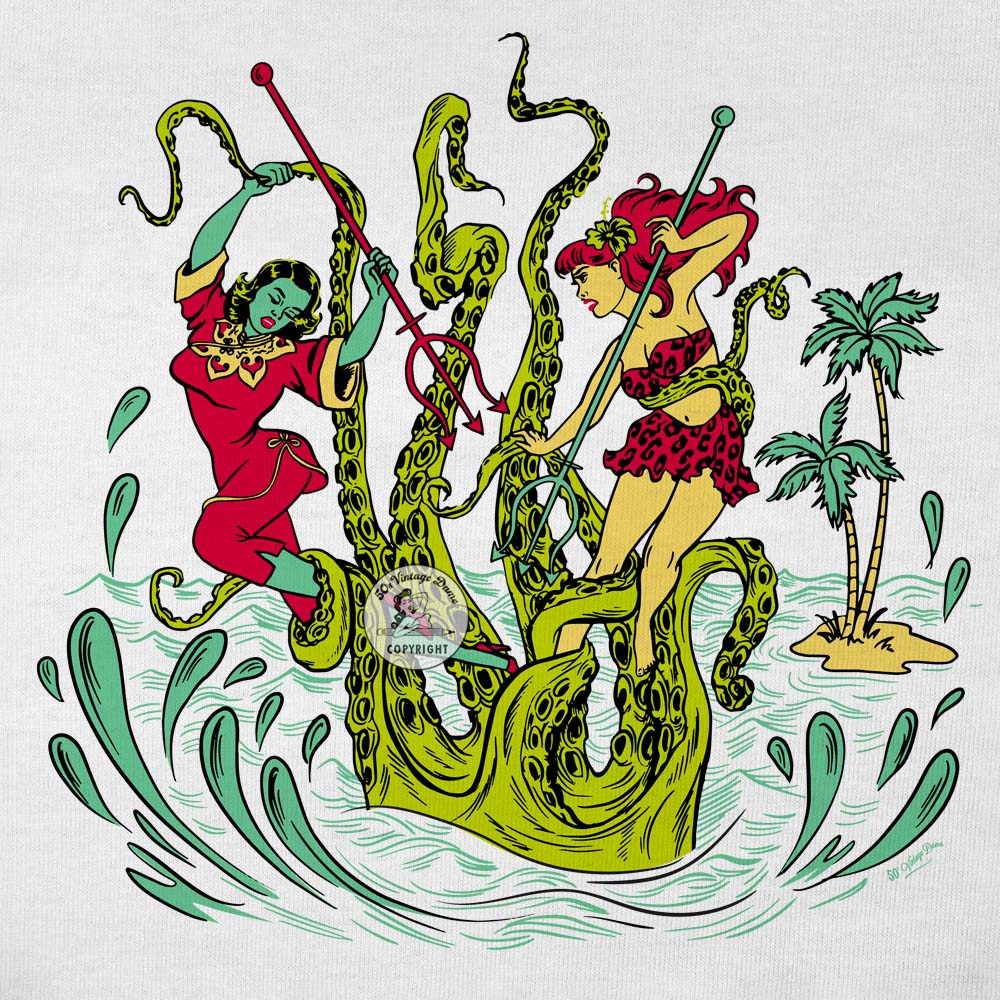 Detail from the front of the tee shirt of a vintage tiki style graphic by 50s Vintage Dame showing two pinup women fighting a giant sea creature.