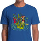 Unisex bright royal blue tee shirt with a graphic of two women battling a giant Kracken