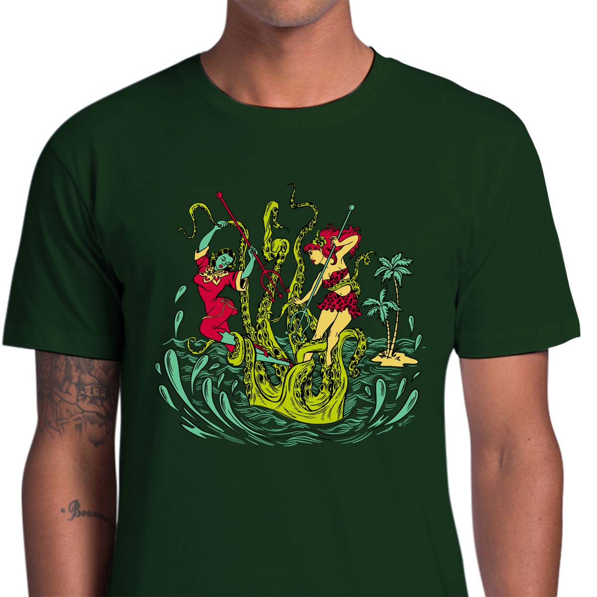 Unisex dark-forest-green tee shirt with a graphic of two women battling a giant Kracken
