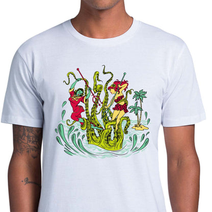 Unisex white tee shirt with a graphic of two women battling a giant Kracken