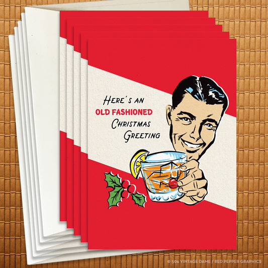 Retro mid-century Christmas holiday card feattuing a retro man holding an old fashioned cocktail