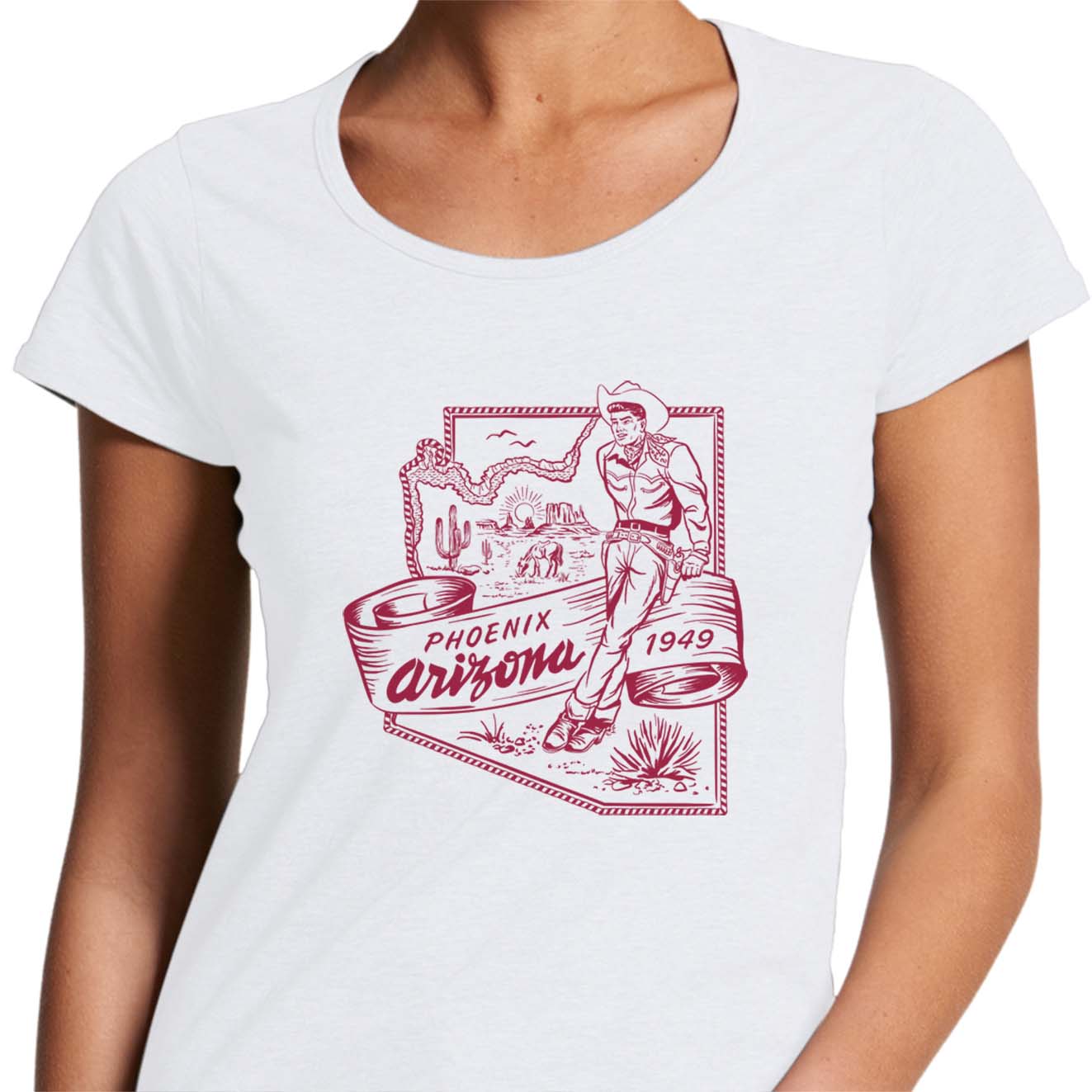 LAdies scoop neck tee shirt with a vintage graphic of a cowboy leaning against a map of Phoenix Arizona