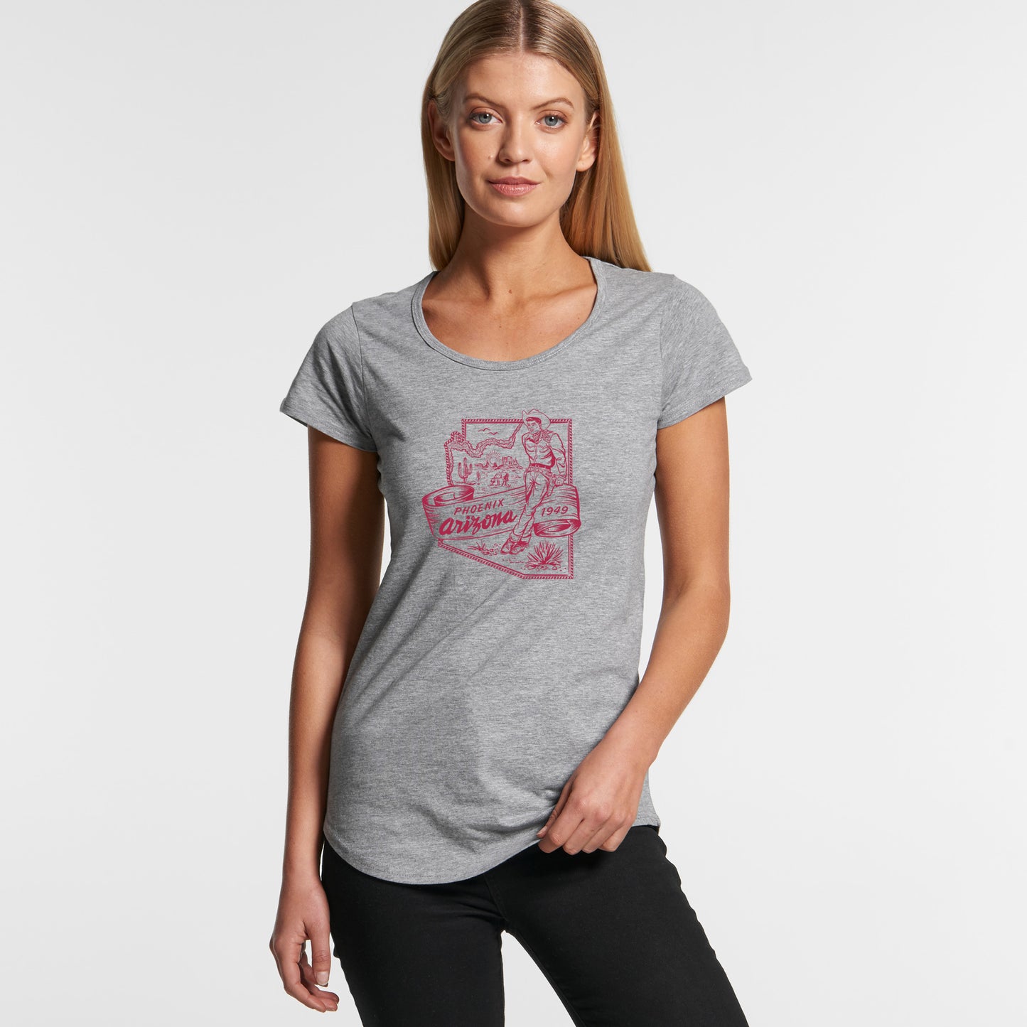 LAdies scoop neck tee shirt with a vintage graphic of a cowboy leaning against a map of Phoenix Arizona