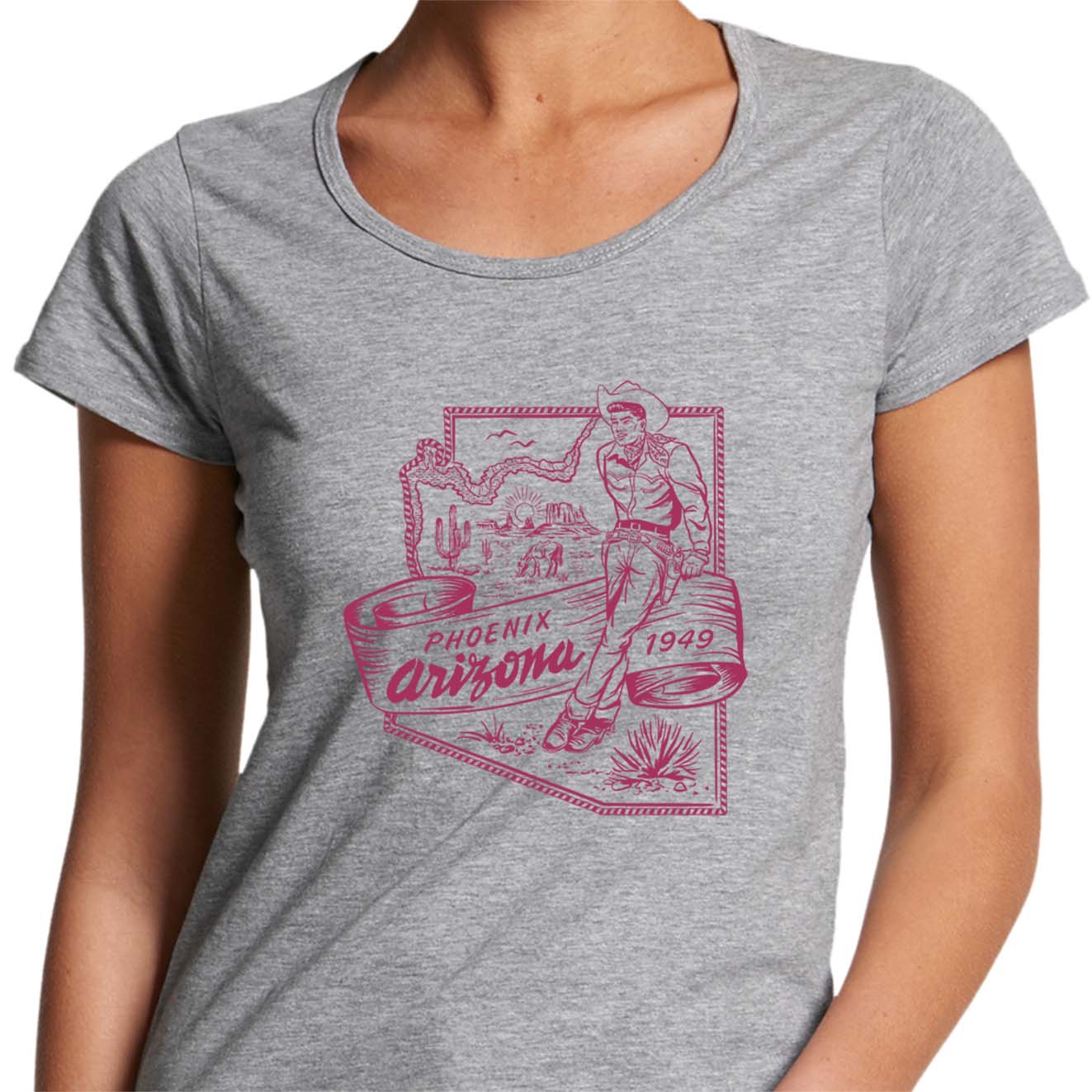 LAdies scoop neck tee shirt with a vintage graphic of a cowboy leaning against a map of Phoenix Arizona. grey shirt