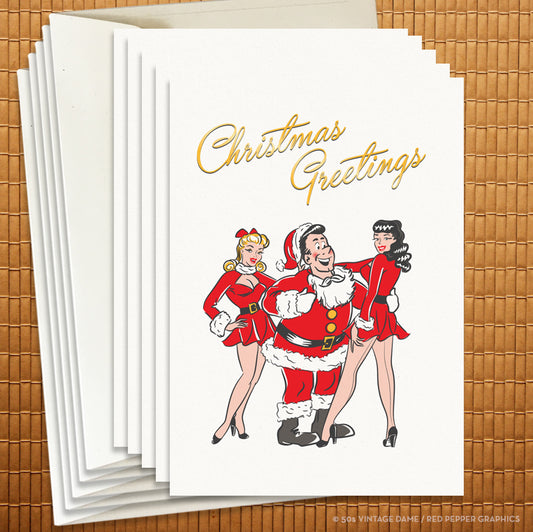 Retro cheeky christmas card of SAnta with two pinup girl helpers
