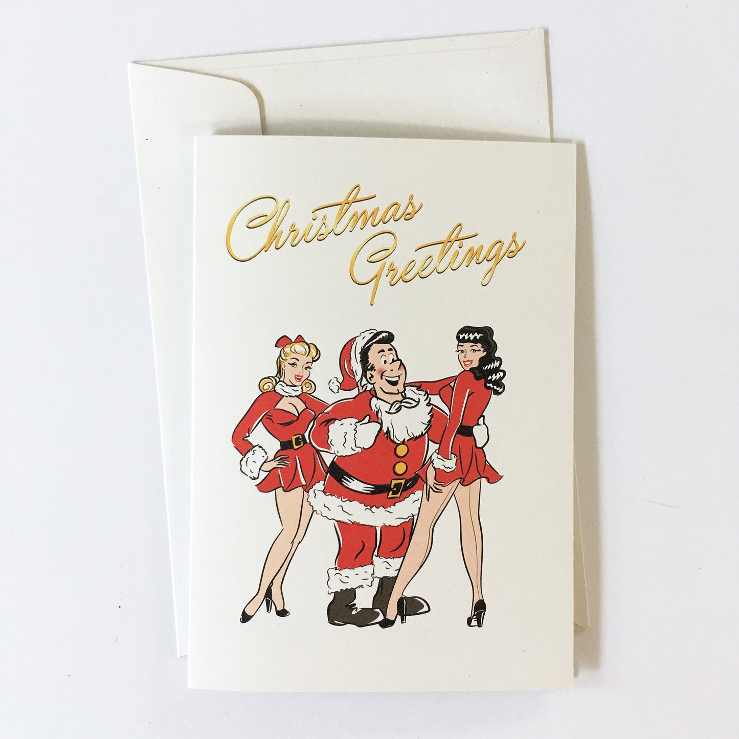 Retro midcentury rockabilly Christmas card with Santa and two pinup girls