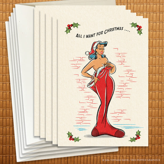 Retro zchristmas card of a pinup girl illustration in a giant Christmas stocking
