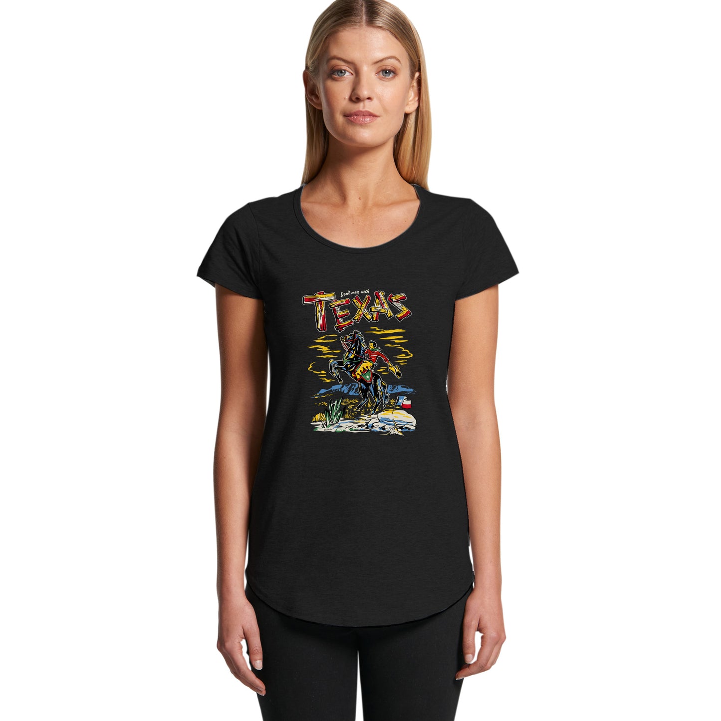 ladies black scoop neck t-shirt with a picture of a cowboy on a horse and the text says "Don't Mess with Texas"