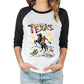 Raglan sleeve t-shirt. Black sleeves and white body. Front image is a vintage style illustration of a cowboy on horseback. Slogan says Don't Mess with Texas. Lady modelling the shirt.