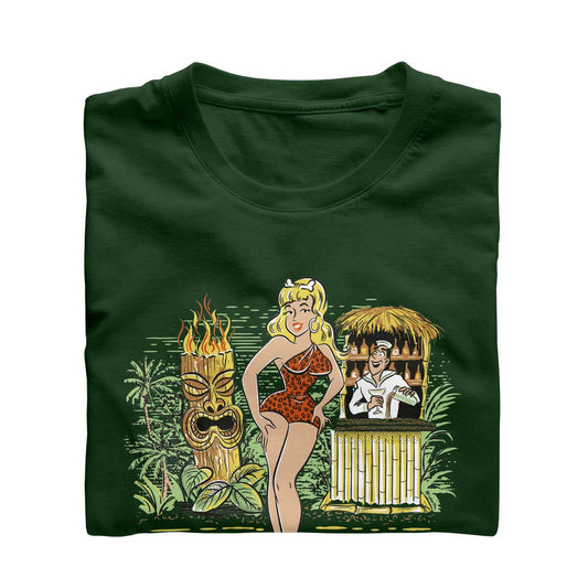 Forest green cotton tee shirt with an original illustration featuring a sexy tiki queen pionup lady. Behind her a tiki statue bursts into flames and a sailor behind a little tiki bar spills his drink because he can't take his eyes off her.