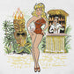 Close-up photo of tee shirt with an original illustration featuring a sexy tiki queen pionup lady. Behind her a tiki statue bursts into flames and a sailor behind a little tiki bar spills his drink because he can't take his eyes off her.