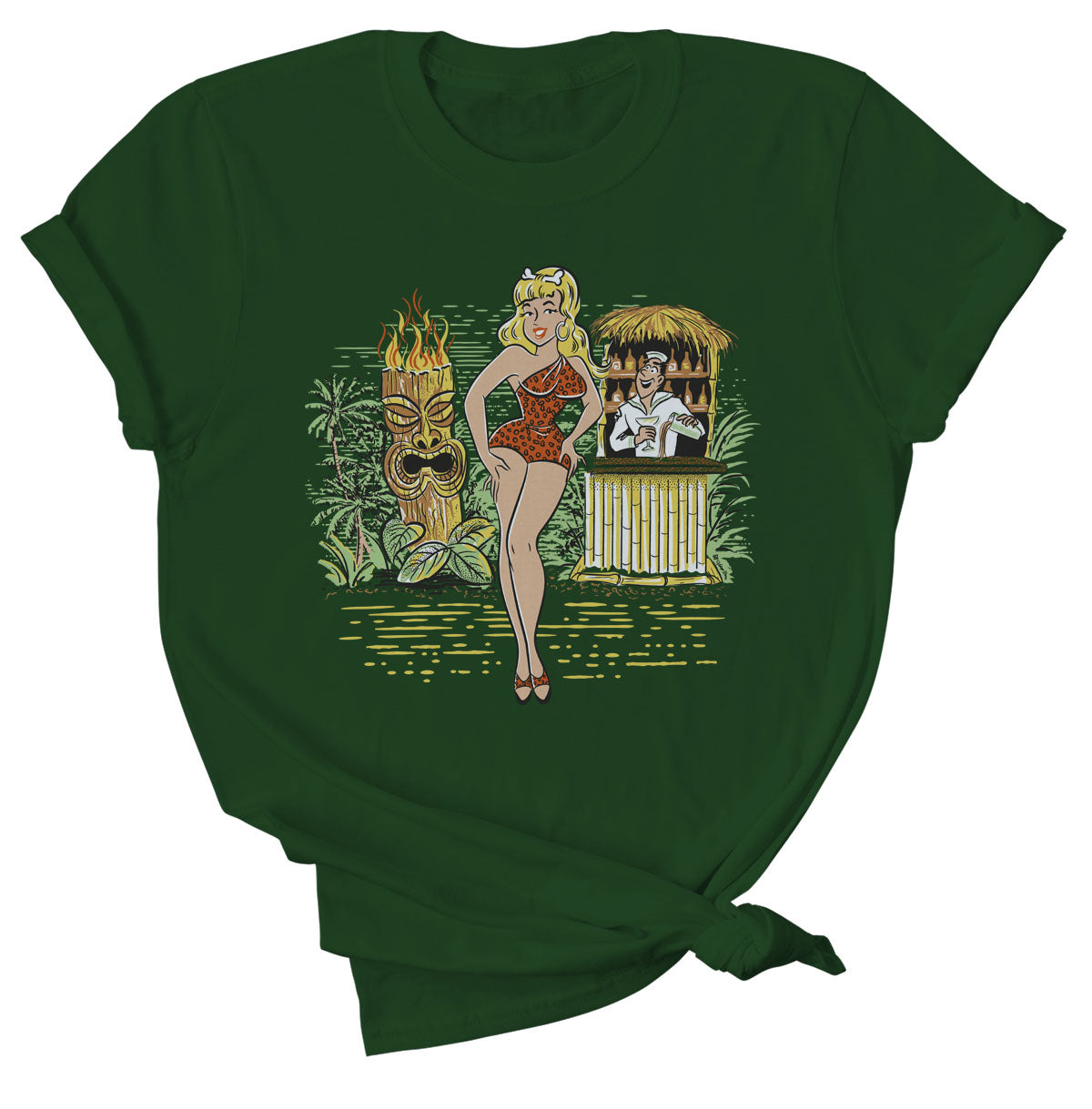 Dark forest green cotton tee shirt with an original illustration featuring a sexy tiki queen pionup lady. Behind her a tiki statue bursts into flames and a sailor behind a little tiki bar spills his drink because he can't take his eyes off her.