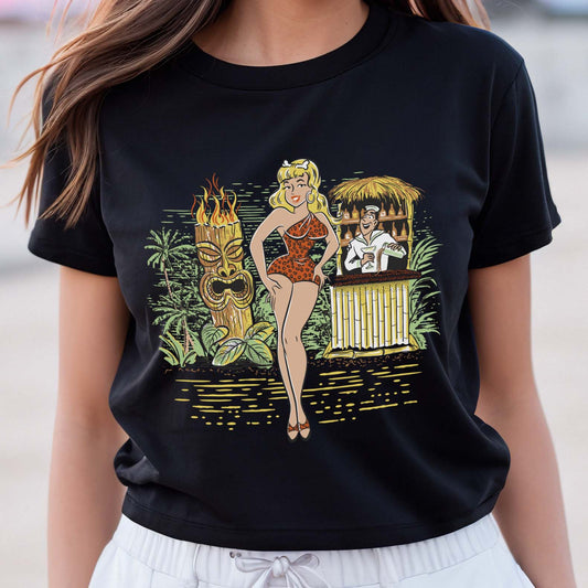 Black cotton tee shirt with an original illustration featuring a sexy tiki queen pionup lady. Behind her a tiki statue bursts into flames and a sailor behind a little tiki bar spills his drink because he can't take his eyes off her.