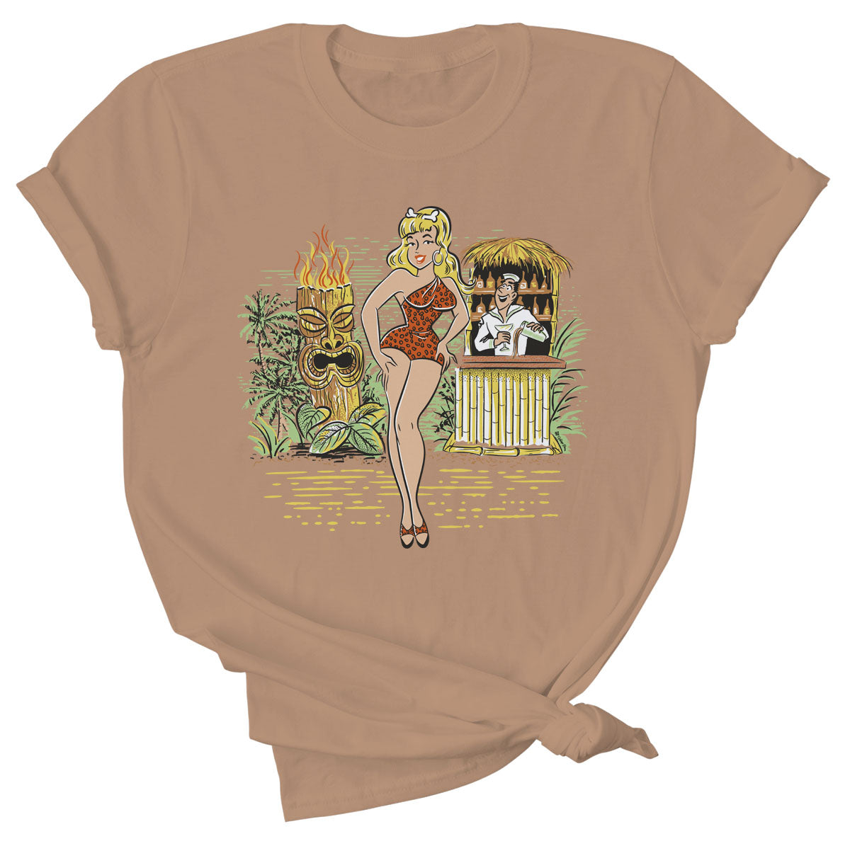 Tan cotton tee shirt with an original illustration featuring a sexy tiki queen pionup lady. Behind her a tiki statue bursts into flames and a sailor behind a little tiki bar spills his drink because he can't take his eyes off her.