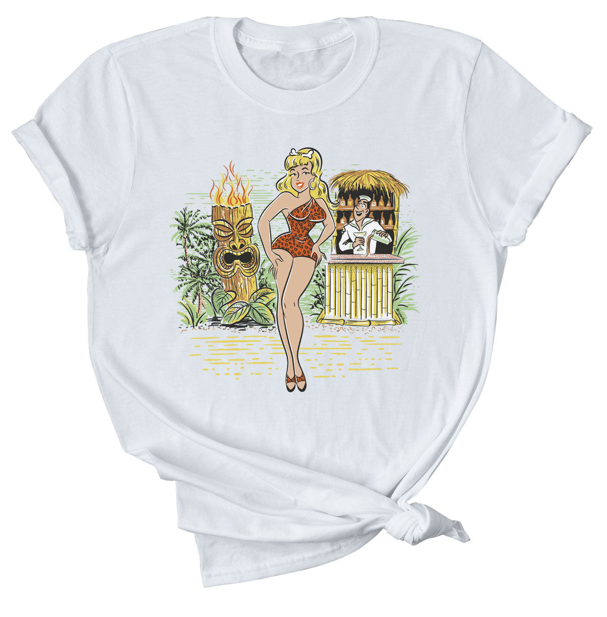 White cotton tee shirt with an original illustration featuring a sexy tiki queen pionup lady. Behind her a tiki statue bursts into flames and a sailor behind a little tiki bar spills his drink because he can't take his eyes off her.