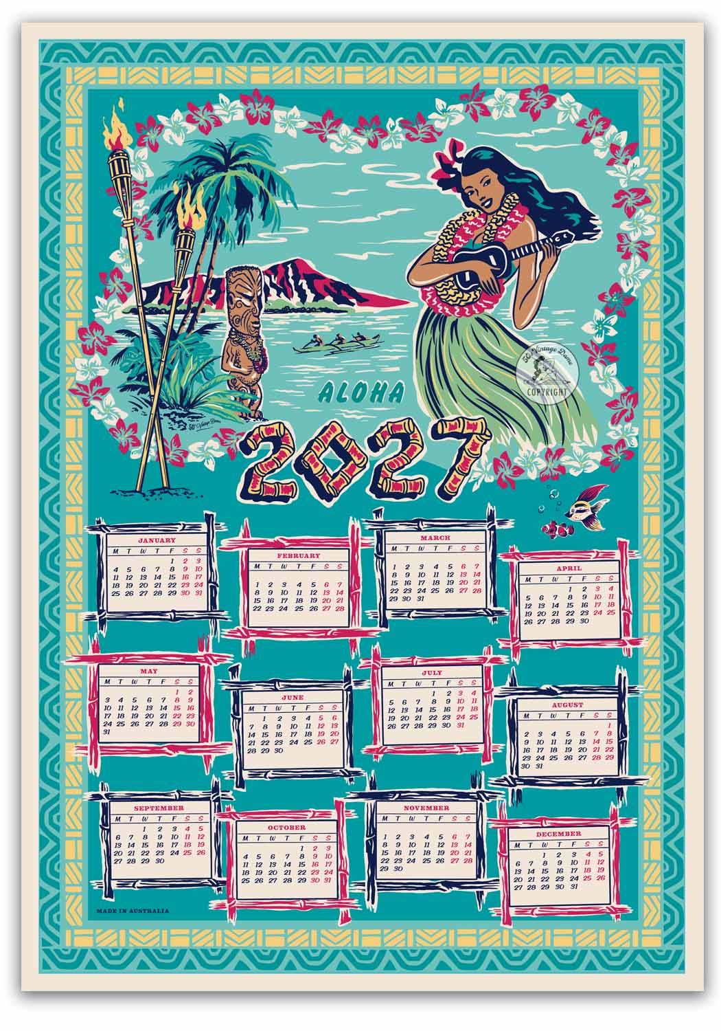2027 Tiki Calendar teatowel